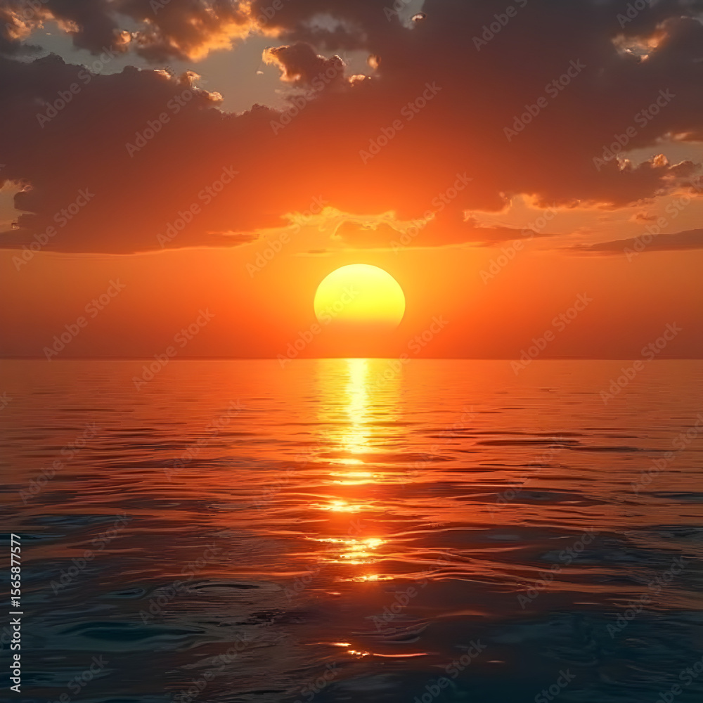 Obraz premium Far away view of the sunset reflecting over the sea and lighting the scenery with a warm glow as the water ripples and wispy clouds in the sky