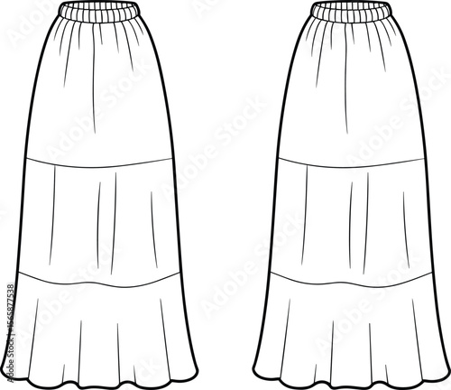 Three-tiered bohemian long skirt with gathered panels and elastic waistband, front and back flat sketch, vector CAD fashion illustration