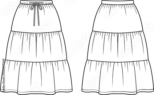 Tiered ruffle skirt technical sketch, elastic waistband fashion design, flat vector illustration for sewing pattern, fashion cad drawing template