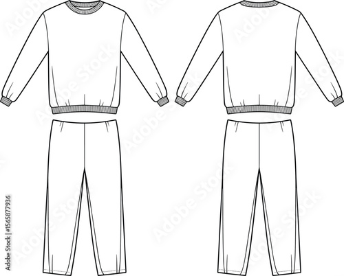 Two piece sweatshirt and jogger pants technical sketch, front and back, vector flat fashion cad drawing for clothing illustration template