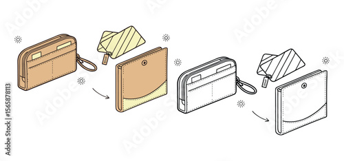 Illustration of a beige colored pouch and wallet in various steps of opening and transformation on a white background