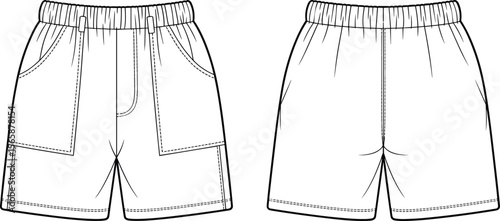 Vector flat sketch of men's casual drawstring waist shorts with side pockets, elastic waistband, fashion CAD technical illustration