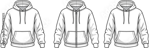 Vector illustration of hoodie front view, zip-up and pullover sweatshirt with drawstring hood, kangaroo pocket, casual streetwear fashion