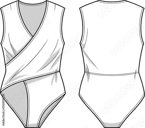 Vector flat sketch of women’s wrap bodysuit design, sleeveless asymmetric style, front and back cad fashion technical drawing
