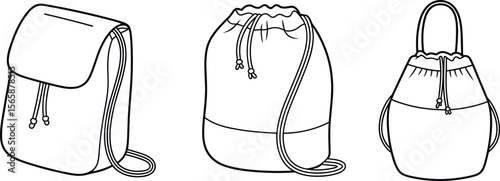 Vector technical drawing of various backpack designs with drawstring closures, fashion accessory flat sketch for design and production illustration
