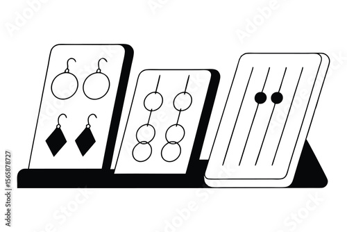 Illustration of various earrings displayed on stands, perfect for jewelry boutiques and retail design in elegant simplicity.