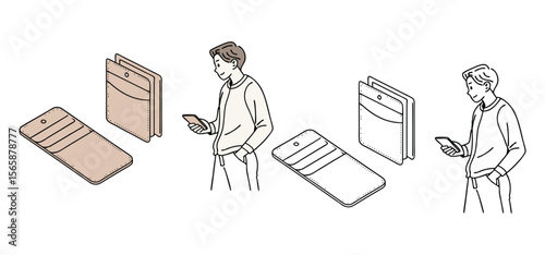 Illustration of a person holding a smartphone alongside credit card wallets in isometric beige and outline styles