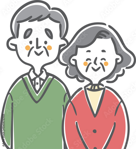 笑顔で寄り添うシニア夫婦の上半身　ベクター
