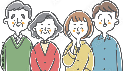 笑顔の二世帯家族　上半身　ベクター
