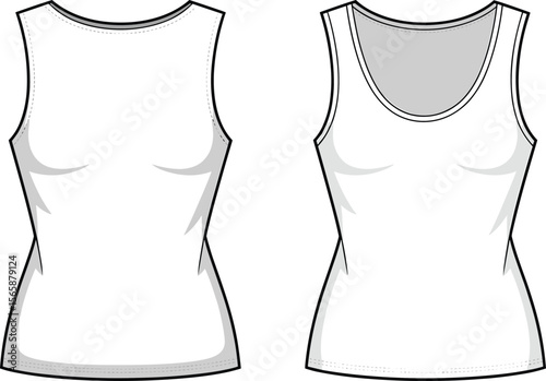 Women tank top technical fashion sketch, sleeveless athletic shirt front and back view, vector apparel template, cad drawing illustration
