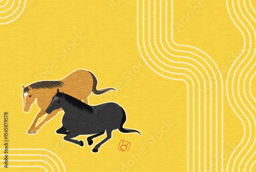 2026年午年の和風年賀状、横たわる馬のシンプルなアイソメトリックイラスト