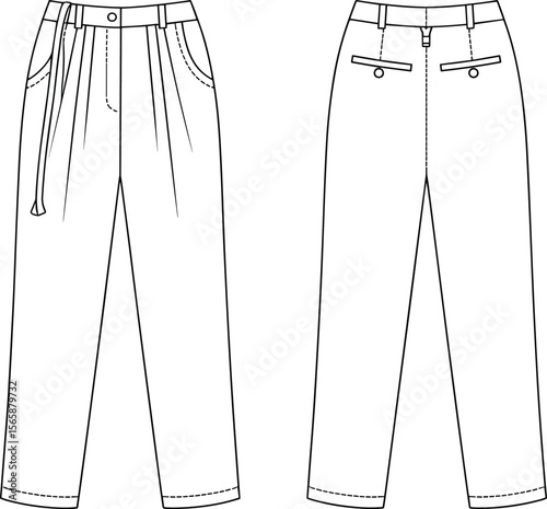 Women’s pleated trousers flat sketch, front and back technical view, formal pants design, belt loops, pocket detail, vector fashion illustration