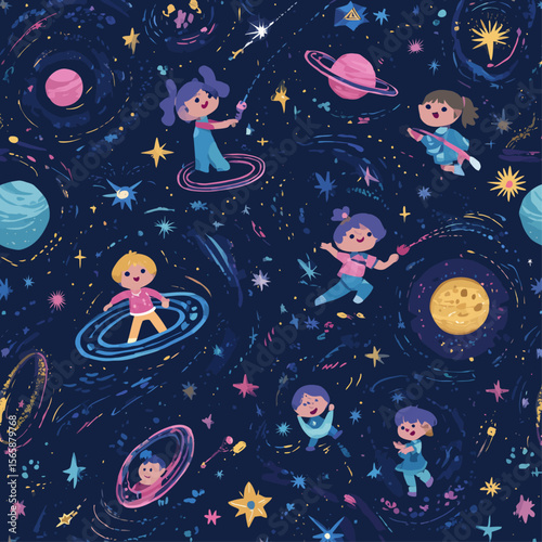 Adorable seamless pattern of cartoon children astronauts floating in colorful space with planets, stars and cosmic elements - perfect for kids design