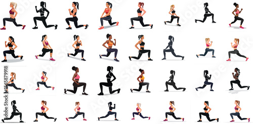 Female fitness trainer doing lunges, silhouette style, perfect workout posture