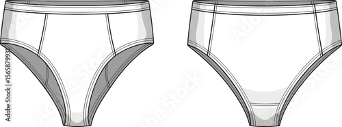 Women’s underwear flat sketch front and back view, high waist panty technical design template, vector cad drawing fashion illustration