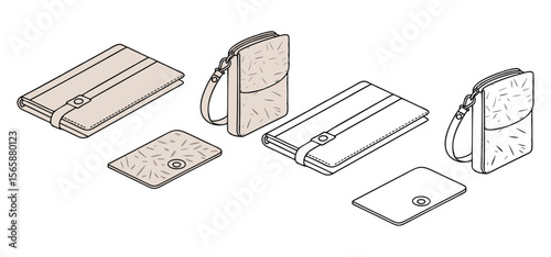 Isometric illustration depicting various elegant leather wallets and handbags in minimalist black and white design.