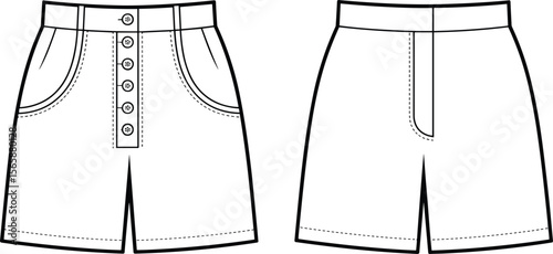 Women's button front shorts technical flat sketch, fashion design illustration, high waist style, pocket detail, CAD vector, summer apparel