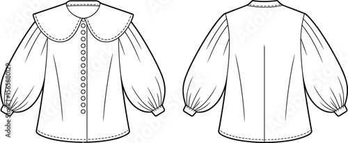 Women's blouse with puff sleeve, front button closure, peter pan collar, detailed flat sketch, fashion technical drawing, vector template design