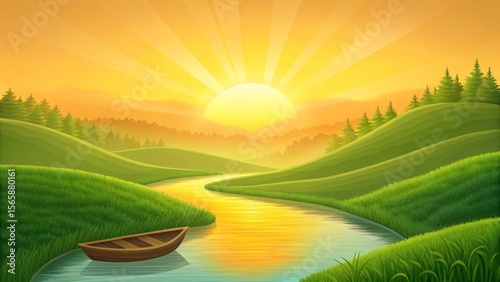 Golden Misty River Valley at Sunrise with Wooden Boat and Forest Silhouettes in Tranquil Dreamlike Light.