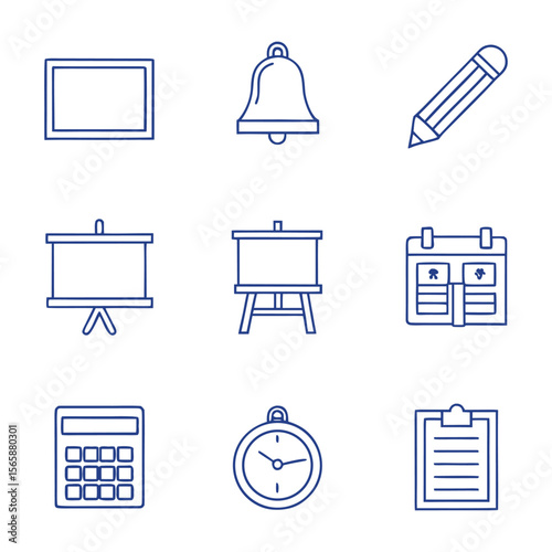 A modern icon set of 28 classroom elements — whiteboard, desk, teacher, bell, chalk, attendance sheet — minimal flat vector, pastel color palette