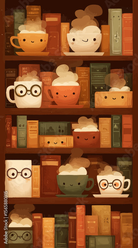 Whimsical illustrated bookshelf with cute coffee cups and books featuring friendly faces, perfect for cozy reading themes, café branding, and educational content