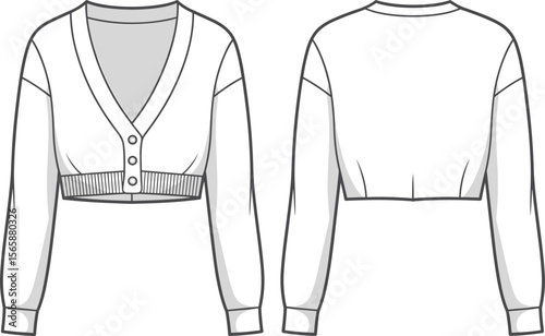 Women's cropped cardigan sweater with ribbed waistband, button front closure, long sleeves, technical flat fashion sketch, vector design template