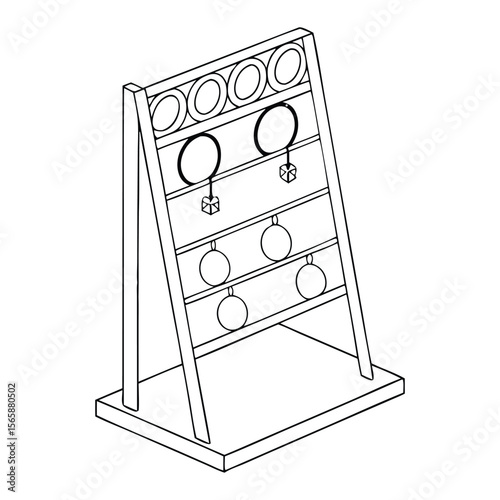Isometric illustration of a carnival ring toss game with rings and hanging prizes as a funfair activity