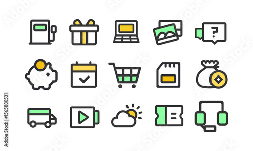 Collection of Colorful Line Icons for E-commerce, Finance, and More
