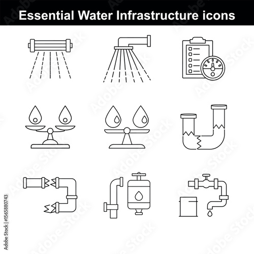 Essential Water Infrastructure  Clean Line Icons for Pipes, Tanks & Flow