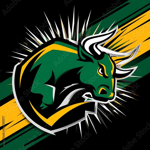 Powerful bull head mascot illustration. A dynamic green and yellow graphic symbol perfect for a sports business logo or team emblem.