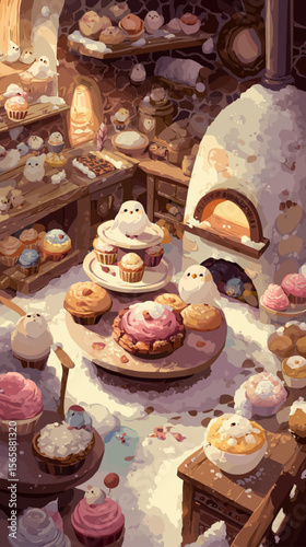Whimsical fantasy bakery with adorable ghost creatures enjoying cupcakes and pastries in cozy underground kitchen with stone oven and warm lighting