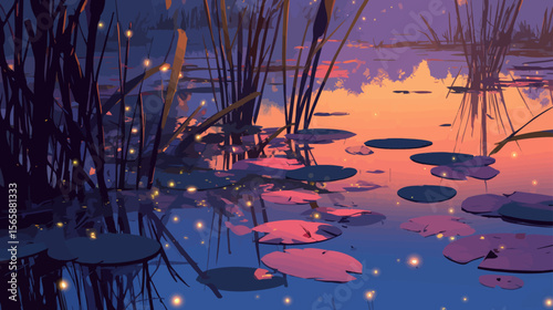 Magical fireflies dancing over tranquil pond with lily pads at sunset - dreamy wetland landscape perfect for relaxation, meditation and nature themes