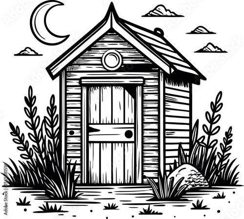 Rustic Wooden Garden Shed Illustration in Black and White with Natural Elements Design EPS