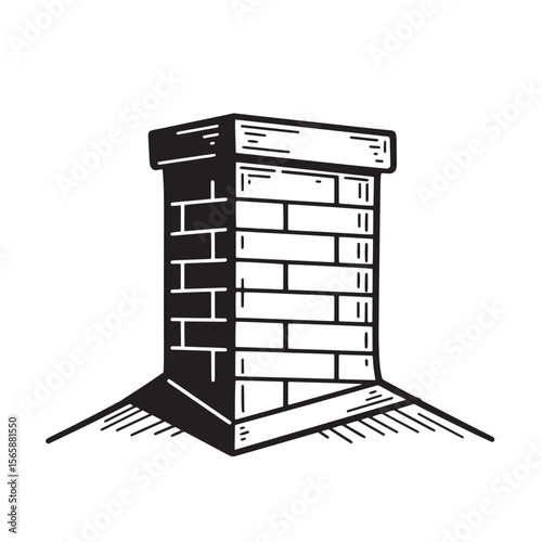 A detailed black and white illustration of a brick chimney depicted on a roof with a simple and minimalist style.