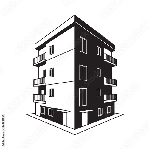 A modern black and white illustration showcasing an apartment building with balconies and a contemporary architectural design