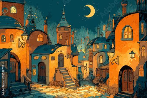 Magical cobblestone street at night with glowing lanterns, autumn trees, and whimsical Victorian architecture under starry sky - perfect fantasy townscape illustration