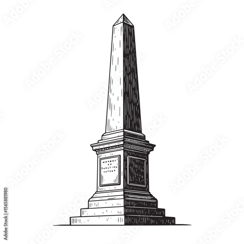 Artistic black and white illustration of the historical obelisk monument with detailed engraving style and textures