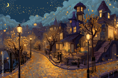 Magical cobblestone street at night with glowing lanterns, autumn trees, and whimsical Victorian architecture under starry sky - perfect fantasy townscape illustration