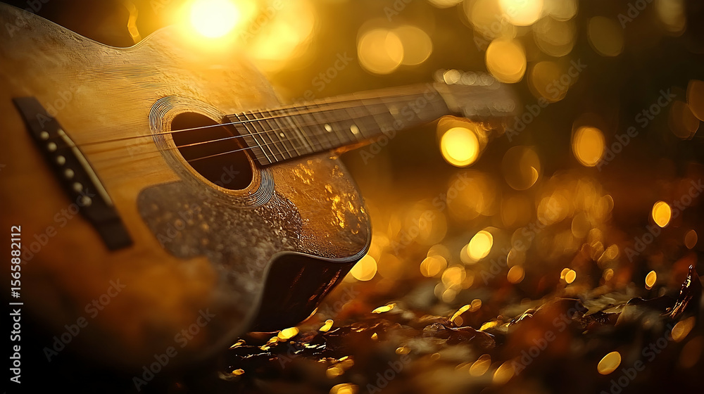 Obraz premium Acoustic Guitar in Golden Light with Bokeh, Autumnal and Warm To