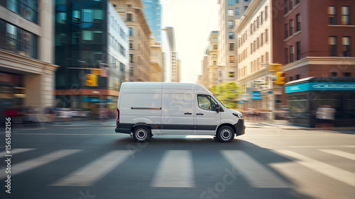 White delivery van speeds through city street with dynamic motion blur effect.