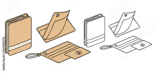 Minimalist illustration of various brown leather wallets in different positions and orientations perfect for design projects