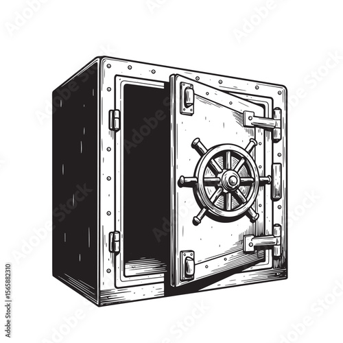 Black and white illustration of an opened vault door security concept symbol of protection and financial safety