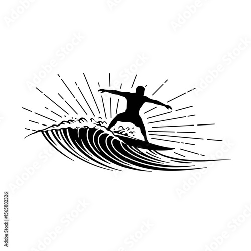 Black-and-white line art of a surfer balancing on a wave, silhouetted against radiant sun rays for a bold, energetic beach vibe