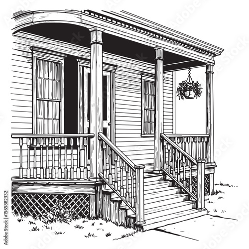 Black and white illustration of a vintage style porch with steps and hanging plants drawing style