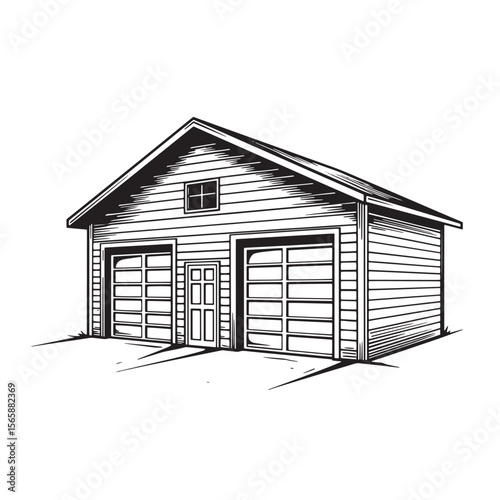 Black and white vector illustration of a two car garage building with detailed architectural lines