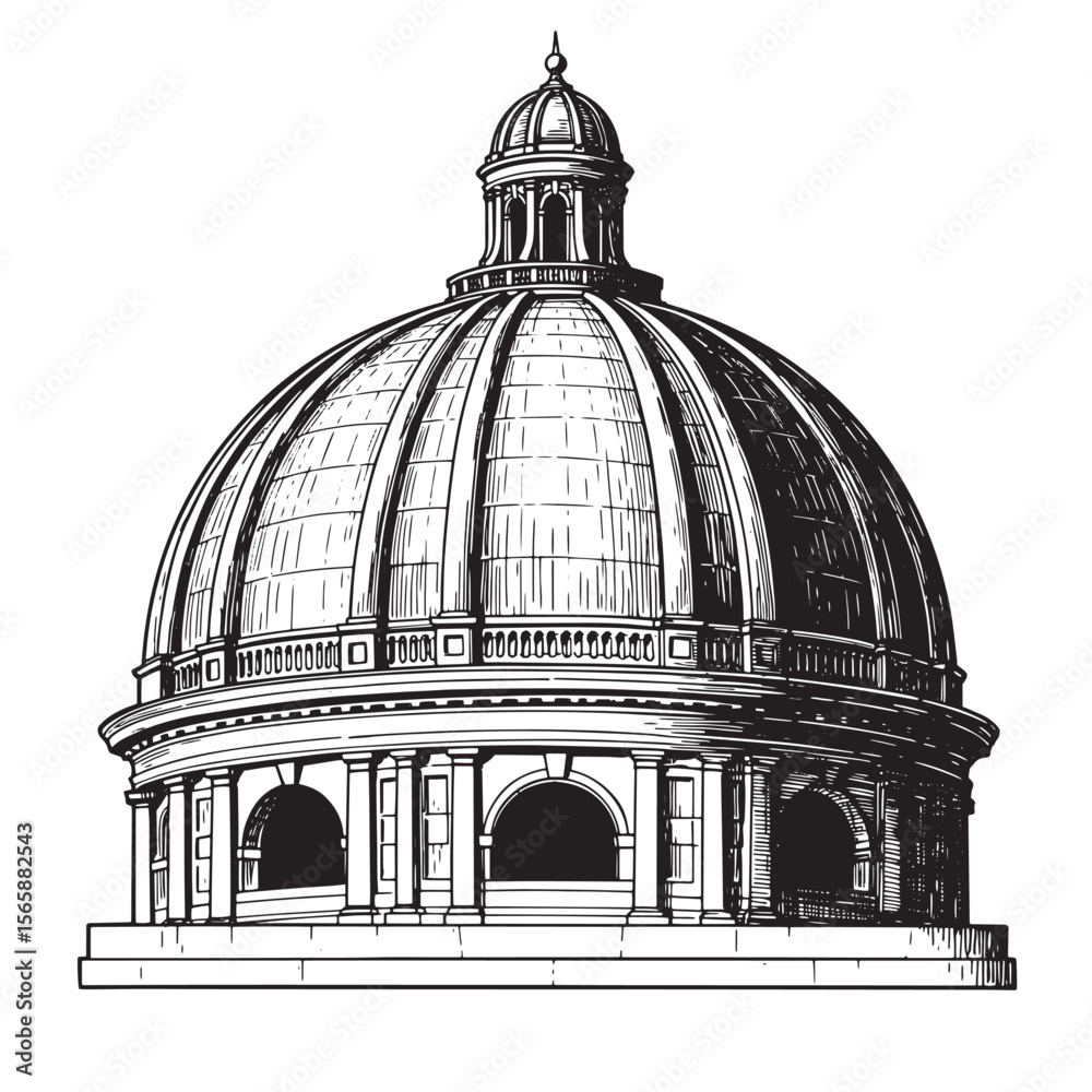 Fototapeta premium Detailed architectural black and white illustration of a domed building featuring precise linework and design