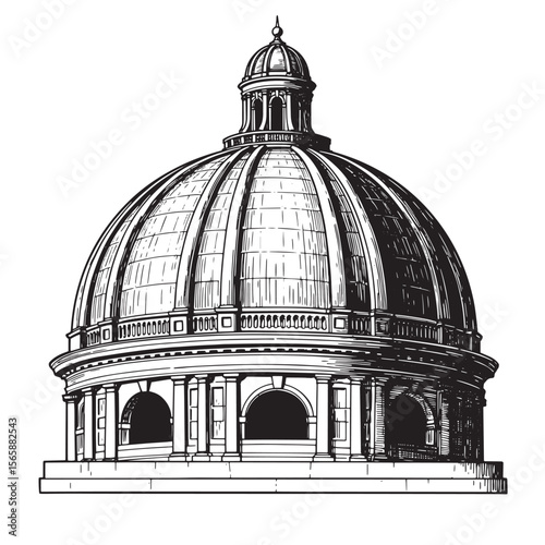 Detailed architectural black and white illustration of a domed building featuring precise linework and design