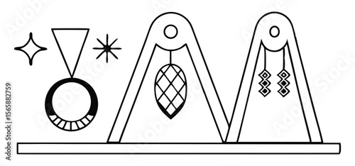 Modern black and white jewelry display featuring pendant ring and earrings elegant geometric shapes