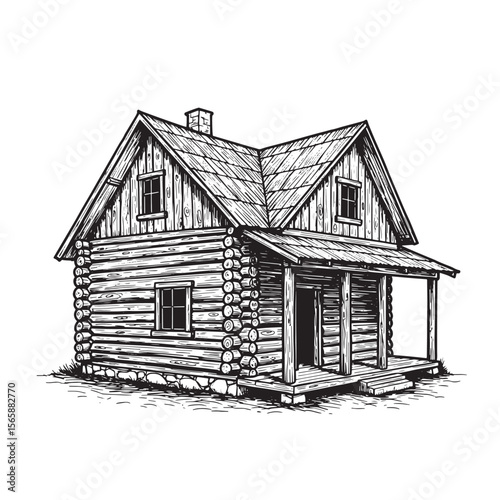 Detailed black and white illustration of a charming rustic log cabin house with wooden porch and chimney