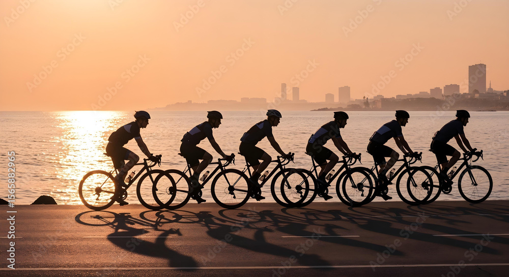 Fototapeta premium Cyclists ride in formation at dawn along a coastal path